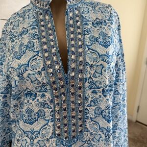 Blue Floral Embroidered Women's Tunic